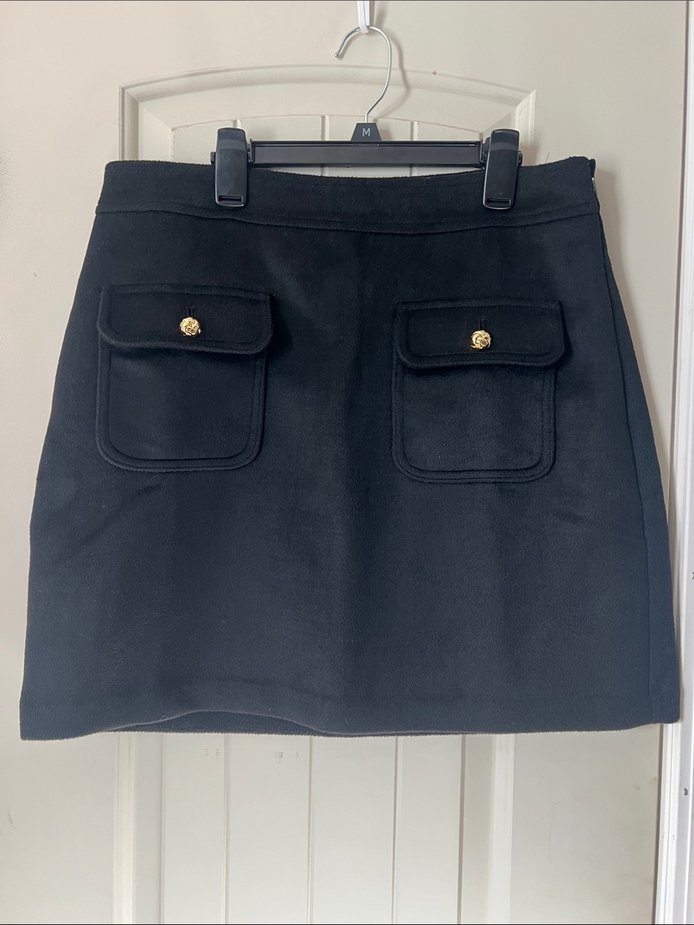 LOFT Black Mini Skirt with Front Flap Pockets and Gold Buttons